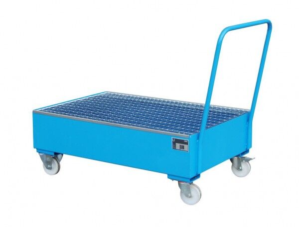 Fahrbare Auffangwanne S-2020 lichtblau RAL 5012 Volumen 215 Liter mit Gitterrost & Rollen Abmessung 1200 x 800 x 510 mm