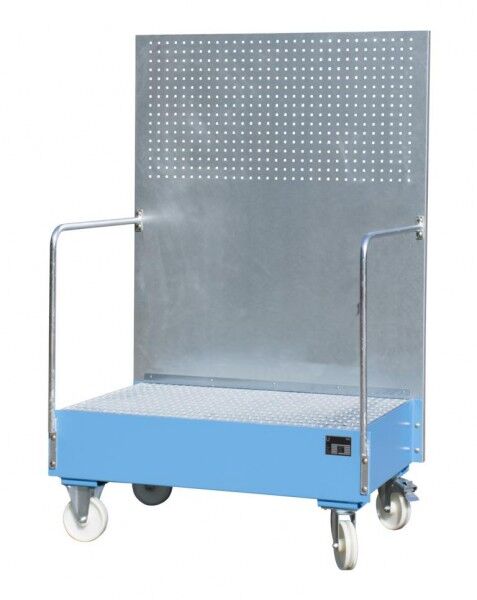 Fahrbare Auffangwanne Typ LPW-200-2 mit Lochplattenwand lichtblau RAL 5012 Volumen 215 Liter mit Gitterrost Abmessung 870 x 1290 x 2015 mm