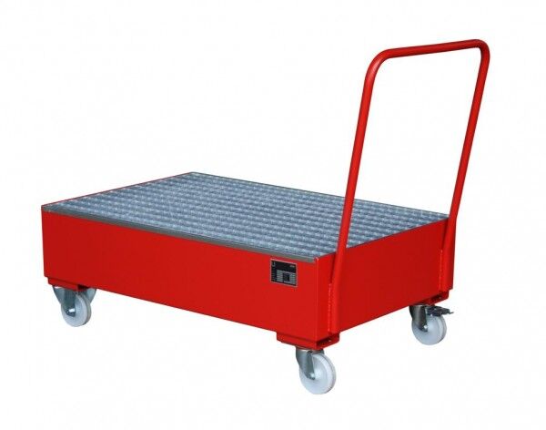 Fahrbare Auffangwanne S-2020 feuerrot RAL 3000 Volumen 215 Liter mit Gitterrost & Rollen Abmessung 1200 x 800 x 510 mm