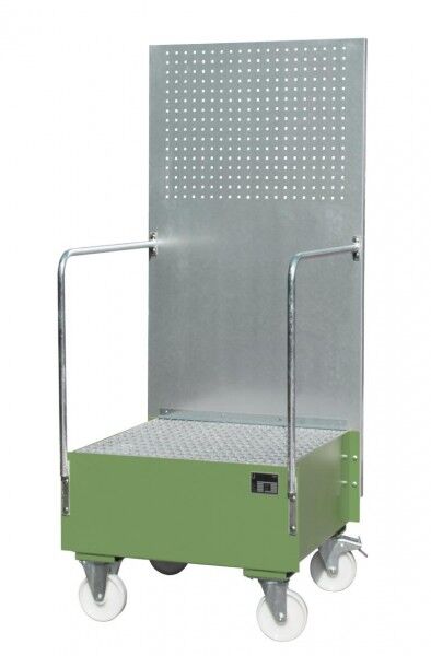 Fahrbare Auffangwanne Typ LPW-200-1 mit Lochplattenwand resedagrün RAL 6011 Volumen 203 Liter mit Gitterrost Abmessung 870 x 890 x 2110 mm