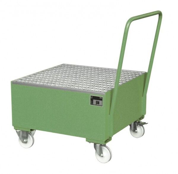 Fahrbare Stahl Auffangwanne S-2004 resedagrün RAL 6011 Volumen 203 Liter mit Gitterrost & Rollen Abmessung 800 x 800 x 615 mm