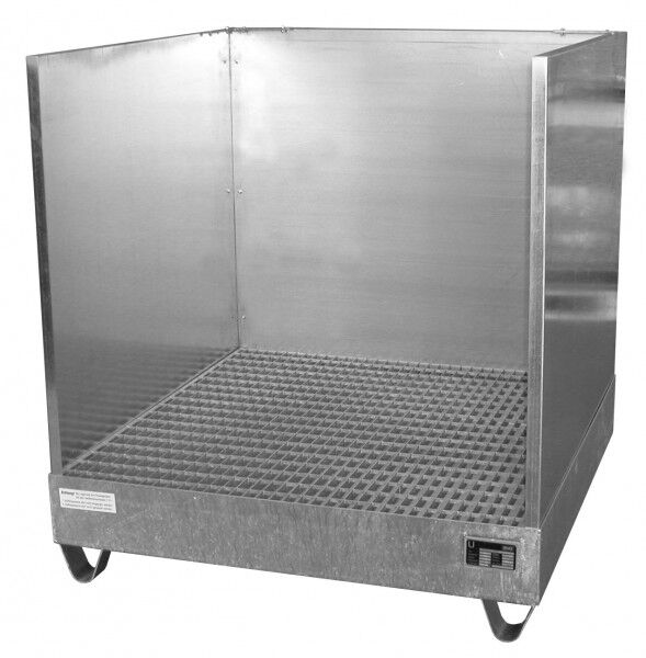 Auffangwanne aus Stahl 2032-SW mit Spritzschutzwand verzinkt mit Gitterrost mit 3-seitiger, verz. Spritzschutzwand Abmessung 1200 x 1200 x 1285 mm