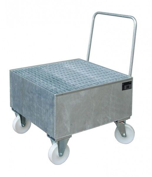 Fahrbare Stahl Auffangwanne S-2004 verzinkt Volumen 203 Liter mit Gitterrost & Rollen Abmessung 800 x 800 x 615 mm