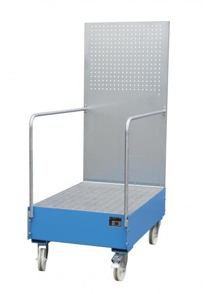 Fahrbare Auffangwanne Typ LPW-200-3 mit Lochplattenwand lichtblau RAL 5012 Volumen 215 Liter mit Gitterrost Abmessung 1280 x 800 x 2015 mm