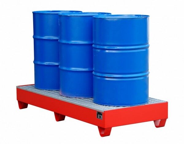 Auffangwanne aus Stahl S-2050 mit Gitterrost feuerrot RAL 3000 Volumen 202 Liter mit Gitterrost Abmessung 1800 x 800 x 275 mm