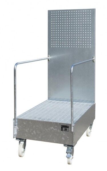Fahrbare Auffangwanne Typ LPW-200-3 mit Lochplattenwand verzinkt Volumen 215 Liter mit Gitterrost Abmessung 1280 x 800 x 2015 mm